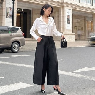 Joven quần cullot đen ống đứng cạp cao tôn dáng thanh lịch