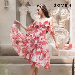 JOVEN Đầm Ngắn 2 Dây Hở Vai Phối Bèo Nhún Nữ Tính Nhẹ Nhàng