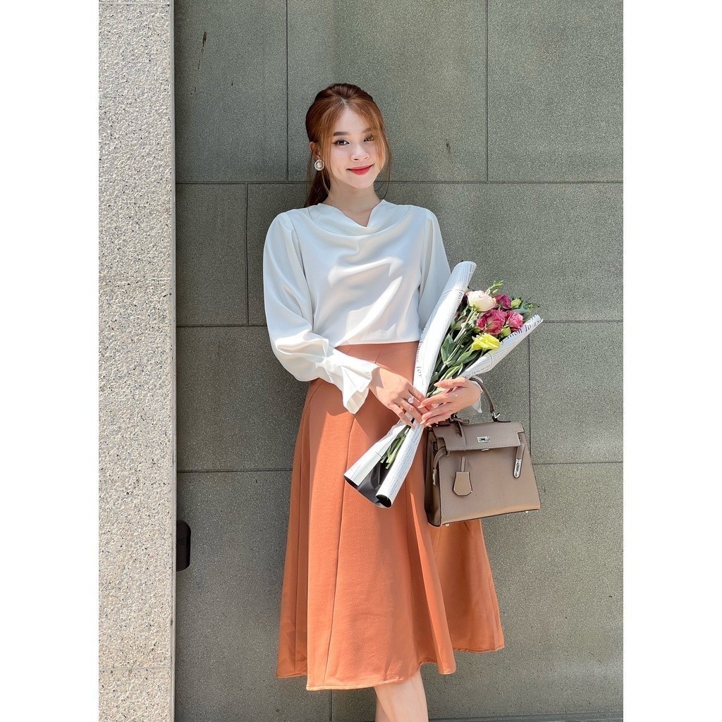 Áo lụa cổ đổ mint trắng Joven trơn thanh lịch