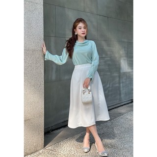 Áo lụa cổ đổ mint trắng Joven trơn thanh lịch