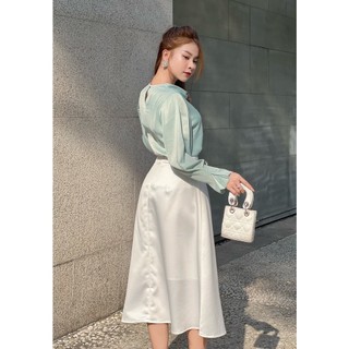 Áo lụa cổ đổ mint trắng Joven trơn thanh lịch