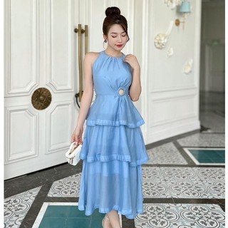 JOVEN Đầm Dài Cổ Yếm 3 Tầng Khoen Eo Sang Trọng