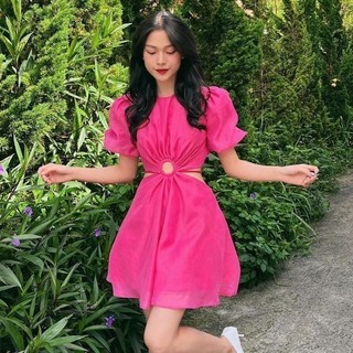 JOVEN Đầm Ngắn Tay Phồng Dáng Xoè Khoét Eo Trẻ Trung
