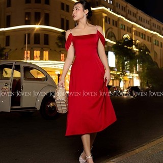 Đầm dây ruby trẹt vai đen/đỏ Joven
