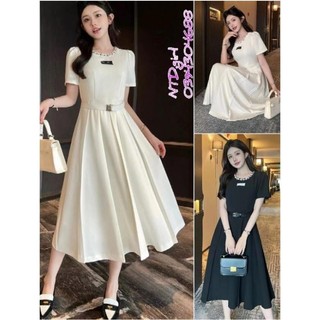 1952024  Hàng nhập - Đầm dáng xòe tay ngắn cổ tròn đính hạt, váy dự tiệc xếp li trẻ trung