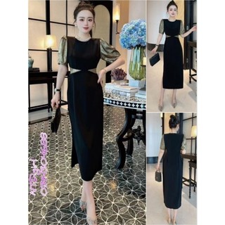 1952024  Hàng nhập - Đầm dáng ôm lụa phối màu tay phồng sang trọng, váy body dự tiệc Quảng Châu cổ tròn xẻ tà một bên