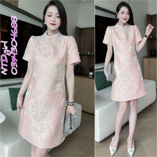 1952024  Hàng nhập - Đầm dáng suông gấm hoa cổ sen xinh xắn, váy xuông dạo phố tay ngắn sang trọng