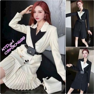 1952024  Hàng nhập - Đầm dáng ôm xô lụa cổ vest tùng dập li, váy body Quảng Châu tay dài phối màu