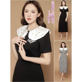 1952024  Hàng nhập - Đầm dáng ôm thun mịn mát cổ sen trắng đính hạt, váy body form dài tay ngắn sang trọng