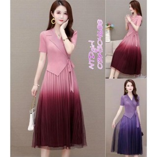 1952024  Hàng nhập - Đầm dáng xòe lụa phối ren cổ vest, váy dự tiệc tay ngắn ngực xếp thắt nơ eo