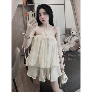 Đầm Váy Cúp Ngực Quây Bồng Chun Eo 🔥Tơ tằm non🔥hoa 3D🔥 xoè Ngắn đầm bí cổ thuyền dự tiệc đi đám cưới KYLAR