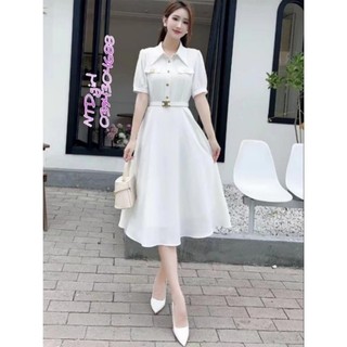 1952024  Hàng nhập - Đầm dáng xòe cổ sơ mi trắng trẻ trung, váy tiểu thư tay ngắn kèm belt