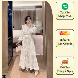 Đầm Maxi Dài Thô Ren Sang Trọng, Phối Cúc Ngọc Trai, Mã A1836 - Lý Tưởng Cho Tiệc và Dạo Phố