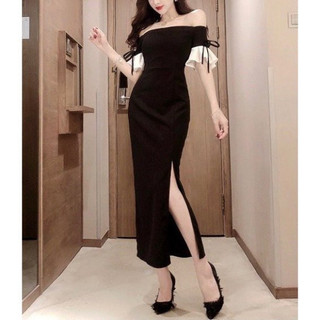 Đầm umi trễ vai tay loe xẻ trước 1 màu đen đi tiệc cho các nàng A0191