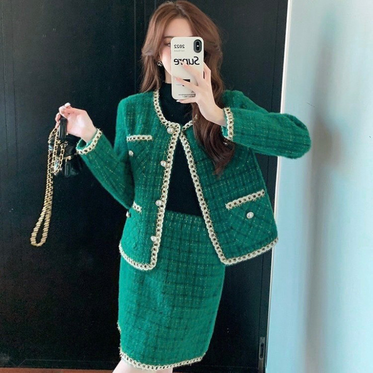Set Dạ Tweed Nữ Cao Cấp 2 Lớp Phối Viền Sang Chảnh Chân Váy Kèm Lót Quần Form Chuẩn Tôn Dáng Tiểu Th