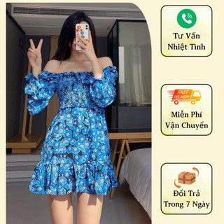 Đầm lụa hoa trễ vai chạy chun thân trên mặc 2 kiểu A2245