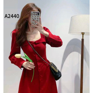 Đầm midi Cati cổ vuông dài tay màu đỏ dự tiệc siêu sang chảnh A2440