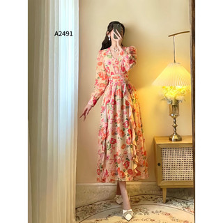 Đầm maxi hoa cổ V dài tay xếp ly eo phối bèo siêu sang A2491