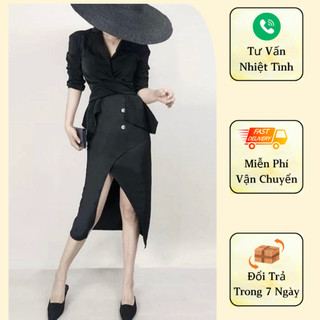 Đầm lụa cổ vest xẻ trước sang chảnh 1 màu đen A1227