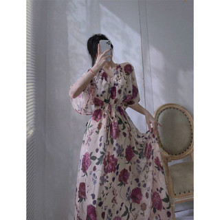 Đầm hoa vintage chin eo cổ V tay dơi siêu xinh cho các nàng tiểu thư A1480