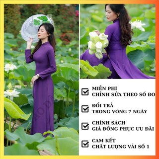 Áo dài nữ truyền thống lụa trơn màu Tím Huế 2 tà co giãn cao cấp thiết kế cổ trụ may sẵn giáo viên công sở