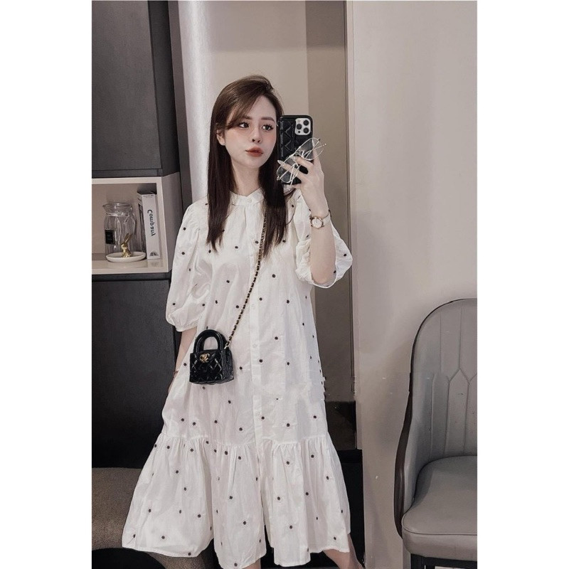 Đầm babydoll hoa nhí, Đầm bầu dáng babydoll họa tiết hoa nhí chất vải mềm mát thoải mái .