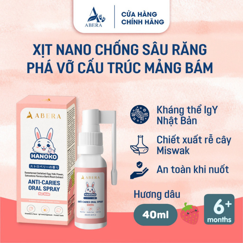 Xịt ngừa sâu răng cho bé Hanoko Abera 40ml, Phá vỡ cấu trúc mảng bám, đánh bay hôi miệng, vàng răng