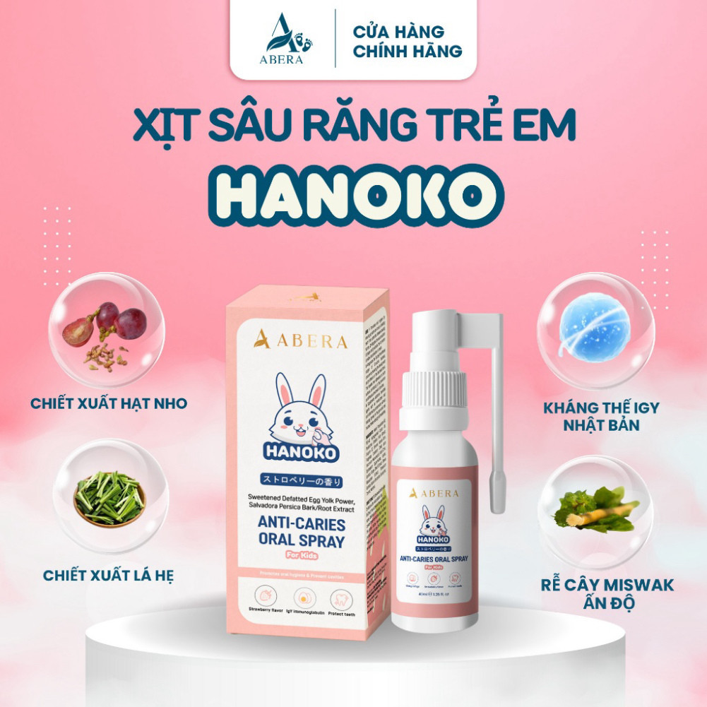 Xịt ngừa sâu răng cho bé Hanoko Abera 40ml, Phá vỡ cấu trúc mảng bám, đánh bay hôi miệng, vàng răng