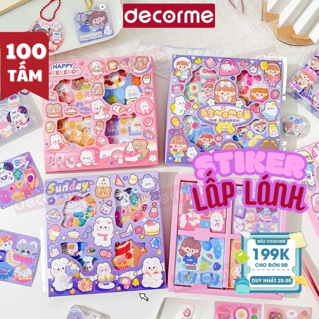 Sticker cute lấp lánh 100 tấm Decorme hình dán sticker trang trí sổ, móc khóa, toploader...phủ nhũ nhiều hình dễ thương