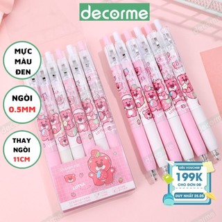 Bút gel mực màu đen 0,5 gấu dâu Decorme họa tiết dễ thương set 6 bút phụ kiện văn phòng phẩm có bán lẻ