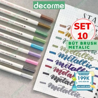 Bút brush metalic DecorMe bút viết calligraphy ngòi soft brush sign pen bộ 10 12 bút phụ kiện văn phòng phẩm
