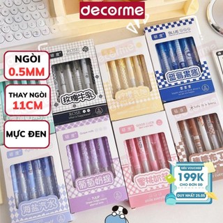 Hộp 6 bút gel mực đen Decorme bút bấm ST tone pastel ngòi 0,5m họa tiết kẻ caro nhiều màu