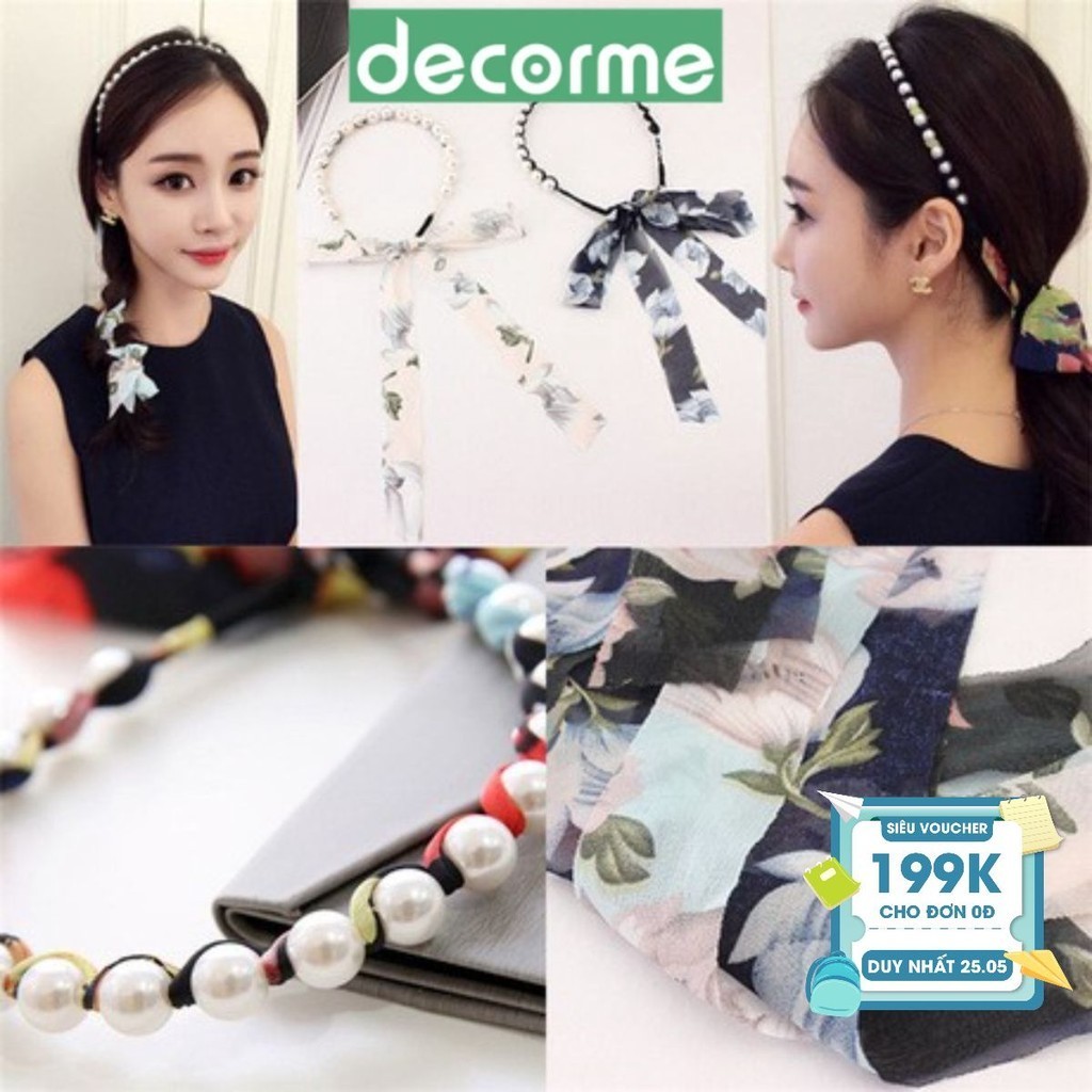 Bờm hạt châu kèm dảI lụa phụ kiện thời trang nữ Decorme
