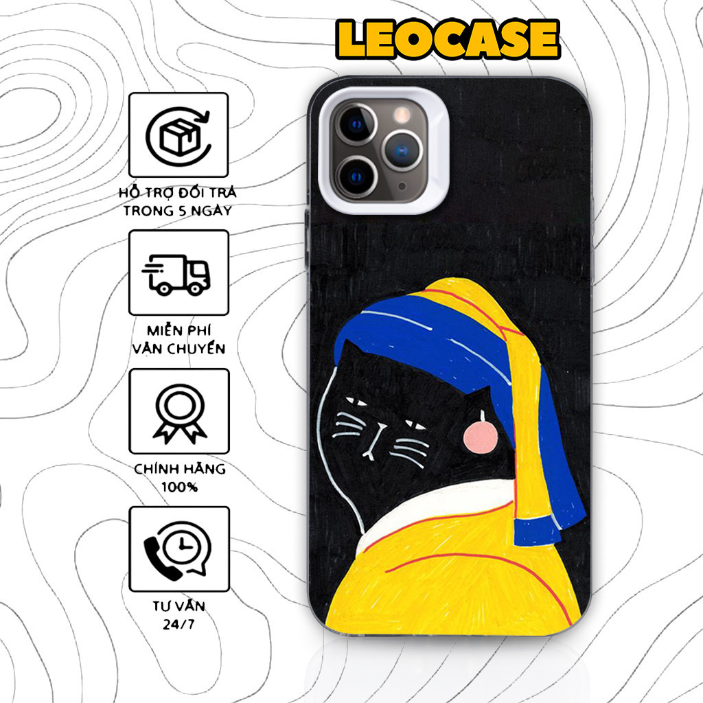 Ốp lưng iPhone silicone cao cấp Leocase mèo thiếu nữ và bông tai sơn dầu meme cho iPhone