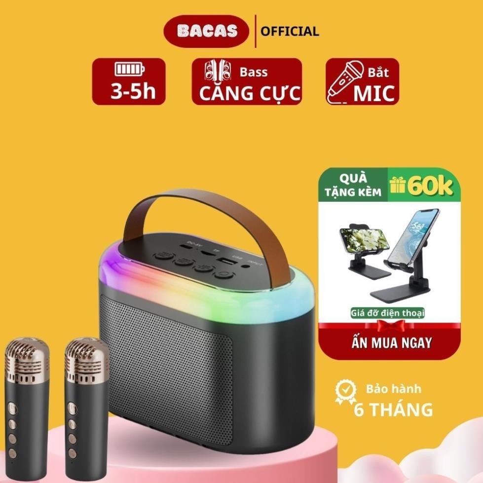 Loa Bluetooth karaoke kèm 2 mic không dây Q6, Loa Karaoke  mini có LED phiên bản 2024 | Bacas Official _Q6
