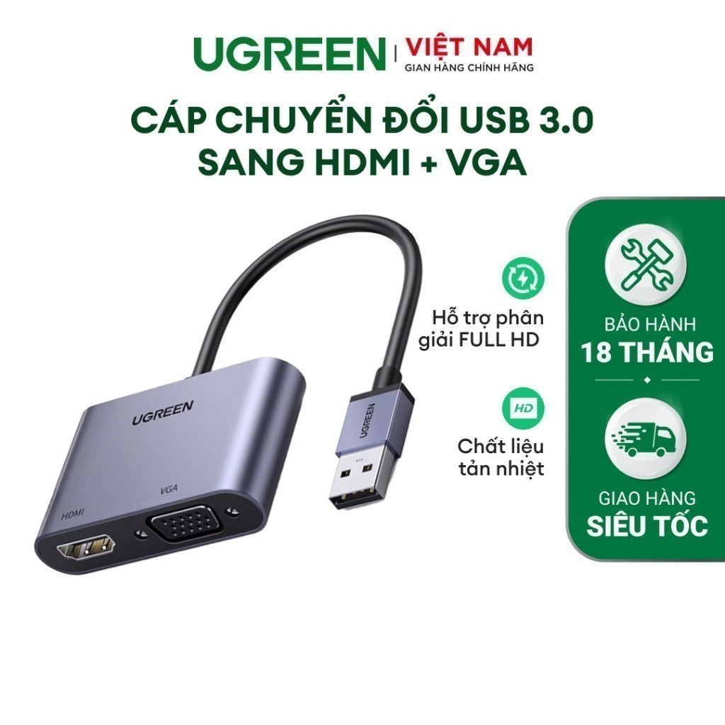 Cáp chuyển đổi USB 3.0 sang HDMI + VGA UGREEN CM449 | Hỗ trợ 1080P/60Hz | Hợp kim cao cấp | Bảo hành 18 tháng | 20518