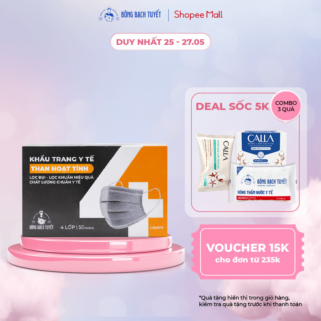 Khẩu Trang Bông Bạch Tuyết Than Hoạt Tính (50 Cái/Hộp)