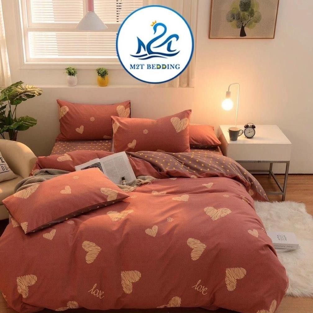 Bộ chăn ga gối Cotton Poly M2T bedding Tim vàng xước, vỏ chăn mên, drap giường và 2 vỏ gối