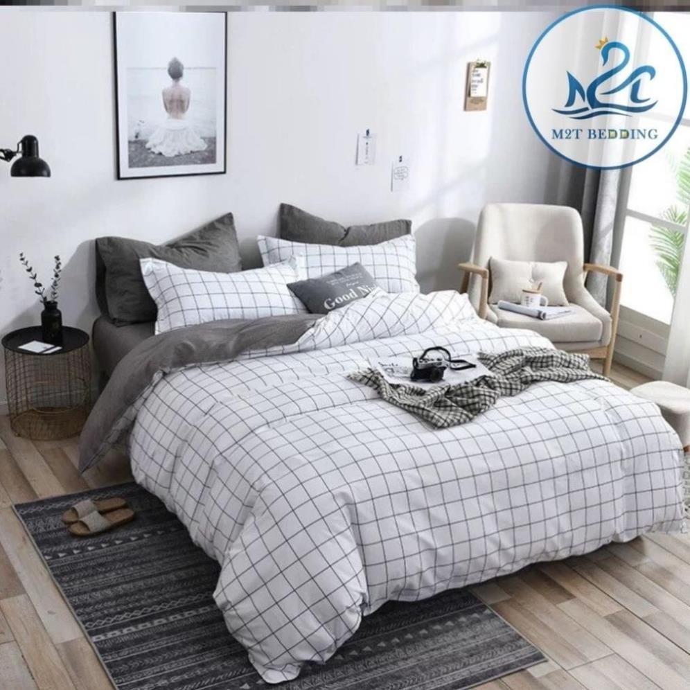 Bộ chăn ga gối Cotton Poly kẻ trắng M2T Bedding - mẫu mới phong cách Hàn Quốc