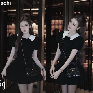 Đầm tapta cổ phối trắng nơ viền dáng ngắn xoè bèo có lót quần