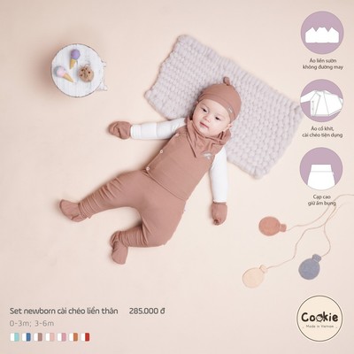 Set Newborn COOKIE Cài Chéo Liền Thân Cho Bé Sơ Sinh Phối Tay, Vạt Chéo Bên Hông Size Từ 0 Đến 6 Tháng