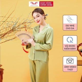 Bộ ngủ lụa pijama mặc nhà Lụa cao cấp VINGO tay dài quần dài dáng suông mặc mùa Hè thanh lịch H1113 VNGO