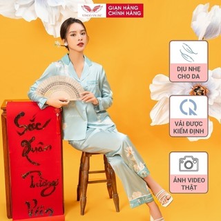 Đồ bộ mặc nhà Pijama lụa Pháp BẠCH MỘC LAN VINGO tay dài quần dài dáng eo màu xanh ngọc mặc mùa Hè H1100 VNGO
