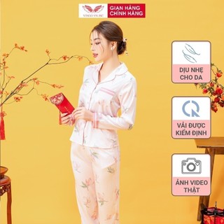 Đồ bộ mặc nhà pijama lụa vân pháp châu mộc lan vingo tay dài quần dài dáng eo màu hồng mặc mùa hè h1105 vngo