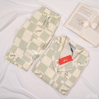 Đồ bộ mặc nhà Pijama cotton VINGO tay dài quần dài dáng suông màu xanh H1121 VNGO