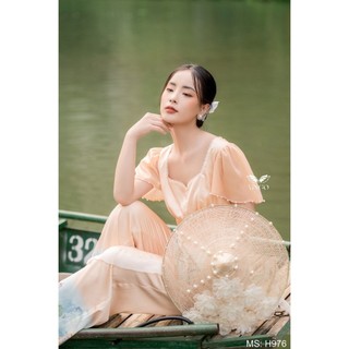 Bộ pijama nhịp sài gòn lụa pháp vingo tay áo voan tơ đính ngọc quần dài họa tiết nhà thờ đức bà màu be h976 vngo