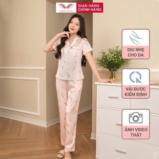 Pijama lụa bộ đồ ngủ mặc nhà cao cấp mùa Hè VINGO áo tay ngắn quần dài hoa Tulip hồng thanh lịch H1048 VNGO