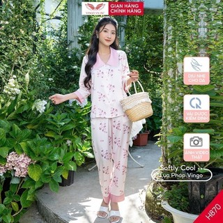 Đồ bộ nữ Pijama mặc nhà Lụa cao cấp phối ren mùa Thu Đông VINGO tay lỡ quần dài hoa lá hồng thanh lịch H870 VNGO