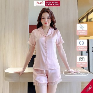 Pijama lụa đồ bộ ngủ mặc nhà cao cấp mùa hè VINGO tay ngắn quần đùi trơn viền ren dễ thương H669 VNGO