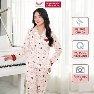 Đồ bộ mặc nhà pijama lụa VINGO tay dài quần dài hoạ tiết trái tim đẹp mặc mùa Hè thoải mái H1112 VNGO